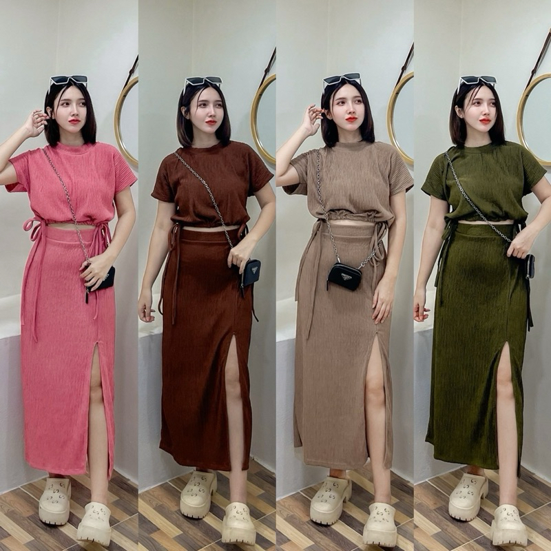 ชุดเซ็ตกระโปรง+เสื้อ ผ้าท็อฟฟี่ นางแบบใส่งานจริง น่ารักมาก ผ้ายืดเยอะฟรีไซส์-สาวอวบใส่ได้