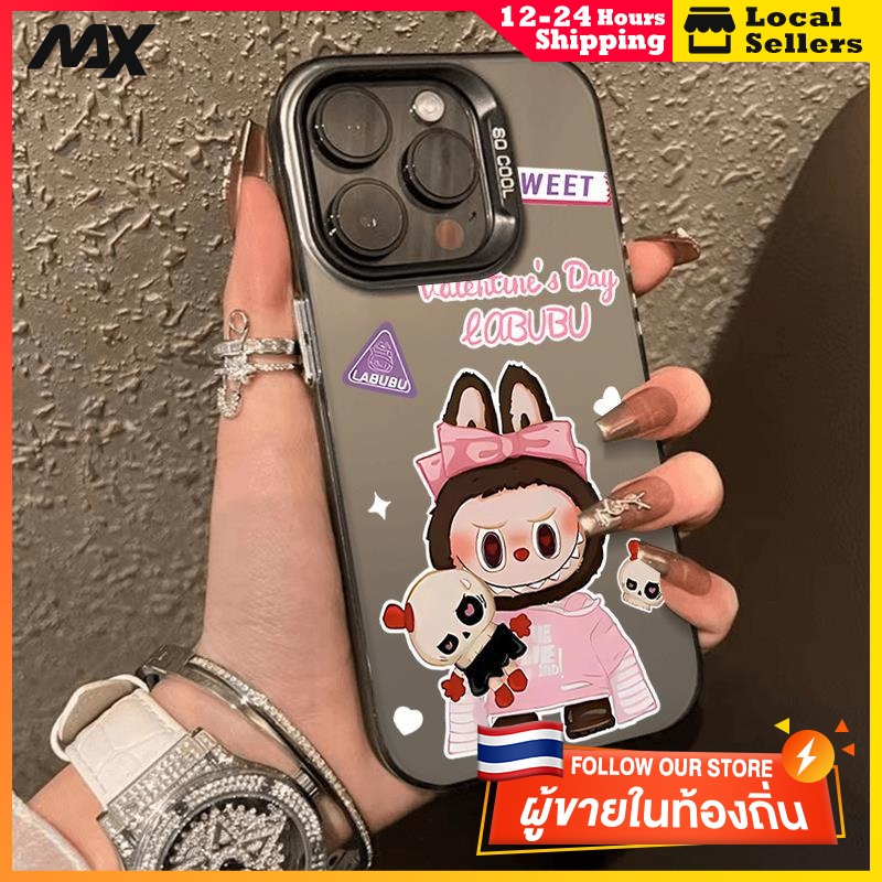 สีดำหรูหราซิลิโคนแข็งกรณีโทรศัพท์ มีความสุขlabubu for IPhone 13 15 7Plus 14 12 11 Pro MAX 8 6 7 6S Plus X XR XS