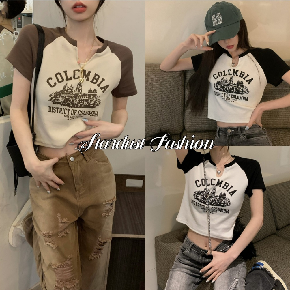 พร้อมส่ง : เสื้อครอปแขนสั้นคอวีสไตล์อเมริกันเรโทร