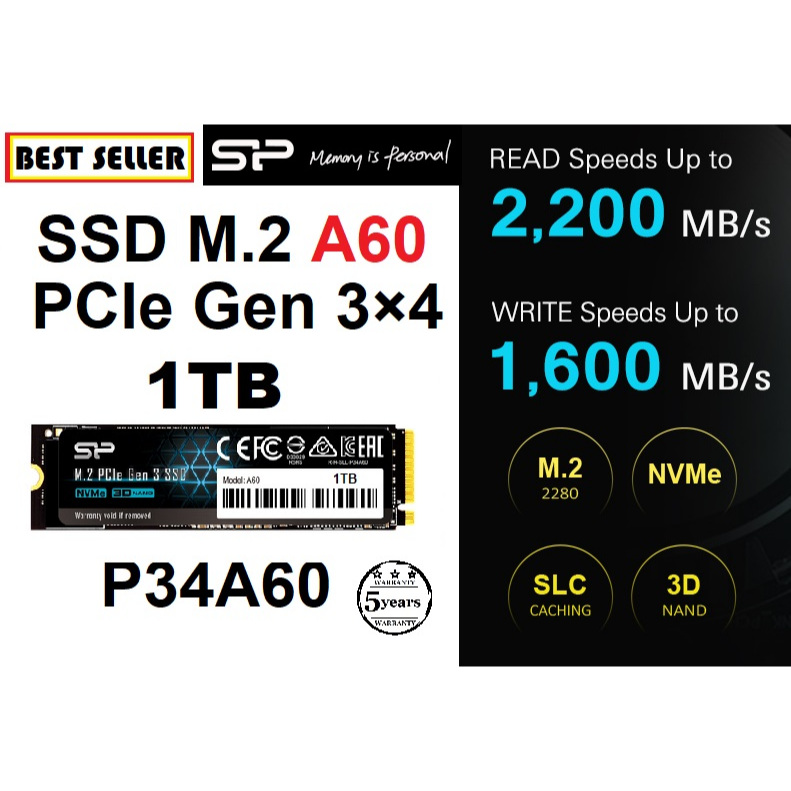 Silicon Power SSD M.2 PCIe Gen 3×4 A60 Read(max) 2,200MB/s Write(max) 1,600MB/s ความจุ 1TB ประกันศูน