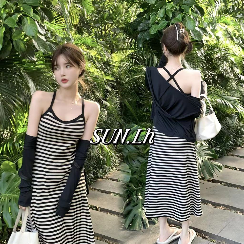 SUN🛍️🛒เดรสสายเดี่ยวลาย ⛱️เดรสยาวสีหวานเหมาะกับวันพักผ่อนชายทะเล