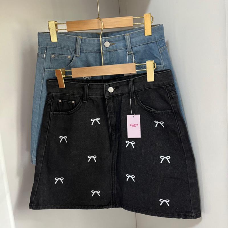 กระโปรงยีนส์สั้น พิมพ์ลายโบว์ S-5XL น่ารักมากๆ สินค้าพร้อมส่ง