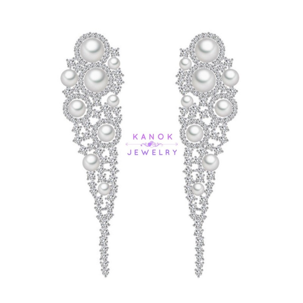 Kanok Jewelry/ต่างหูเพชร งานเพชรสังเคราะห์เกรดพรีเมียม ต่างหูออกงาน จัดส่งพร้อมกล่อง ,E155