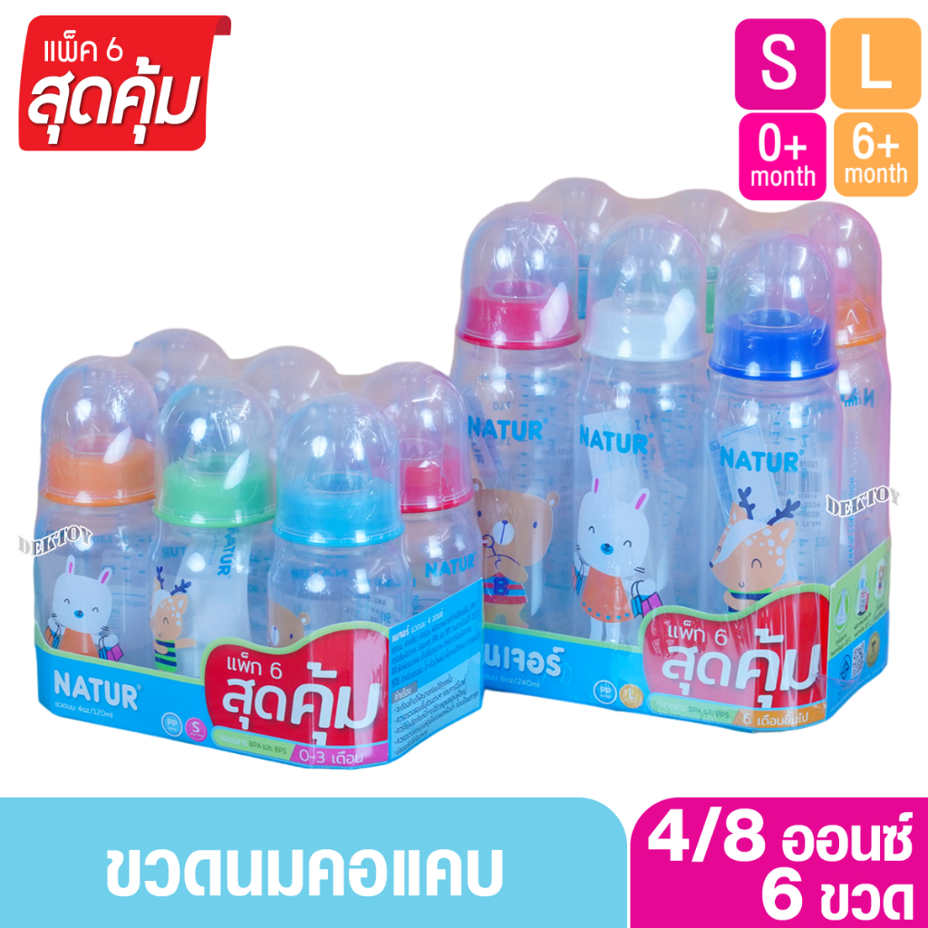 NATUR เนเจอร์ ขวดนมเนเจอร์ ทรงกลม 4และ 8 ออนซ์ แพ็ค3และ6ขวด