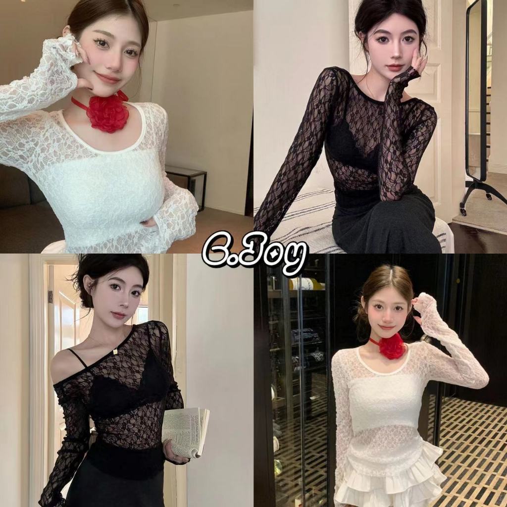 C.Joy เสื้อลูกไม้สีหวานสไตล์ใหม่ เสื้อคอยู ใส่ได้สองด้านด้วยแขนยาวและเสื้อตาข่าย