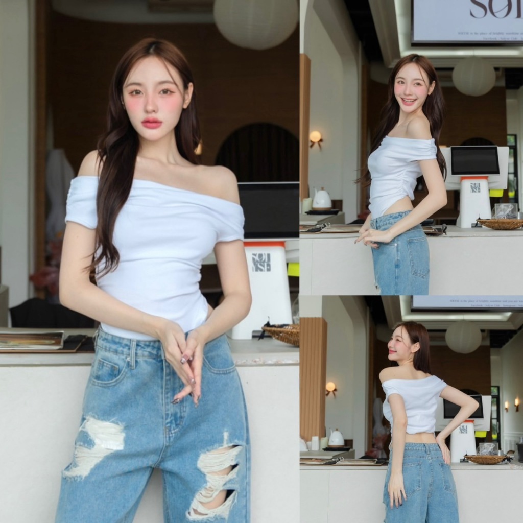 ส482 SistaDenim เสื้อปาดไหล่ สีขาว