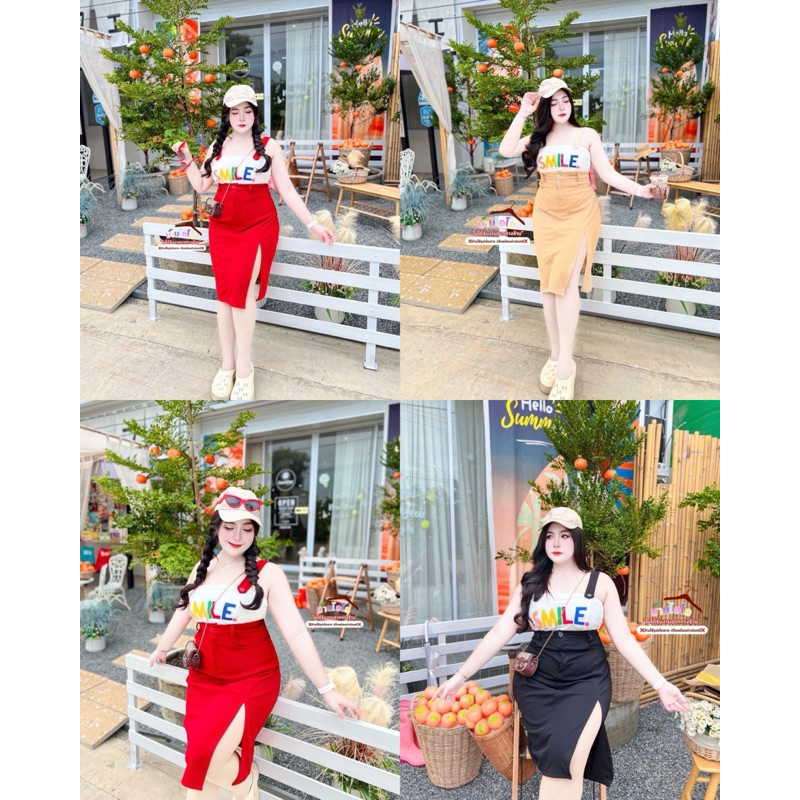 พร้อมส่งชุดสาวอวบ อก36-46 เสื้อ+กระโปรงน่ารัก ใส่ไปคาเฟ่ (O34)
