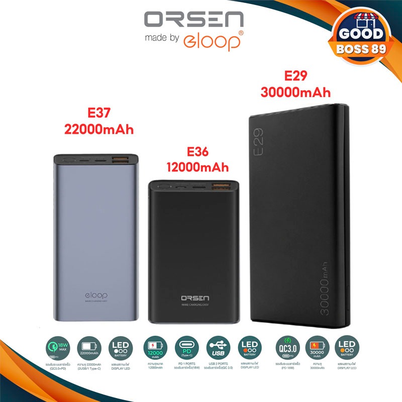 [ใช้โค้ด เหลือ423บ.] Orsen by Eloop E29 E36 E37 มีมอก. POWER BANK 30000mAh ของแท้100% ชาร์จเร็ว QC3.