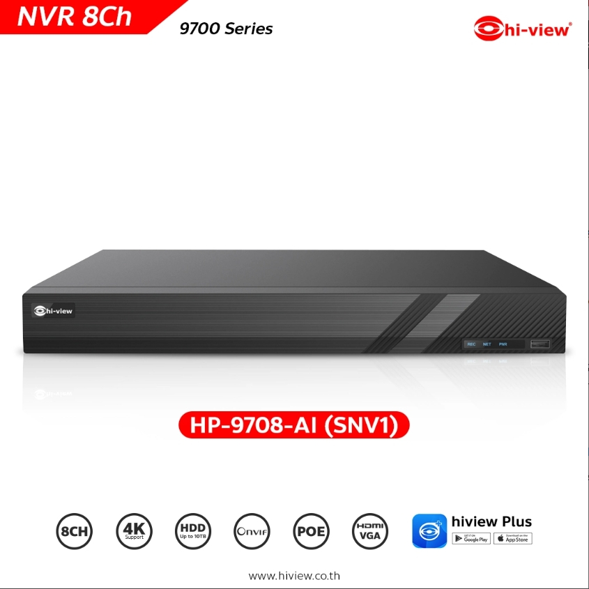 เครื่องบันทึก NVR 8 Ch Support 4K / H.265 / AI HI-VIEW HP-9708-AI (SNV1)