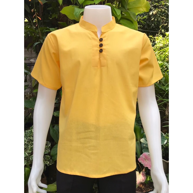 เสื้อพื้นเมืองชายสีเหลืองผ้าฝ้ายเนื้อนิ่ม คอจีน แขนสั้น ใส่สบายมาก ไม่หนาไม่บาง