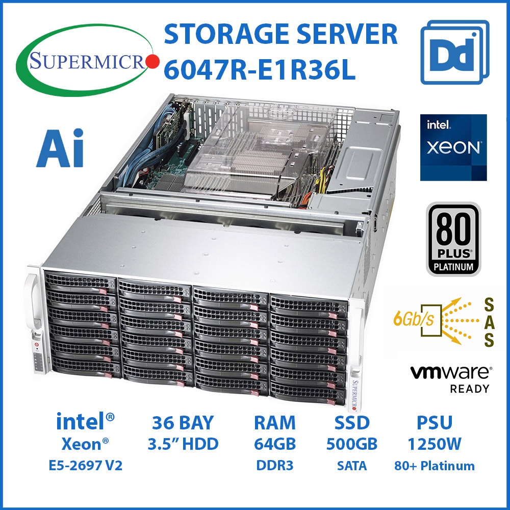 Supermicro 6047R-E1R36L XEON E5-2697V2 24C/48T RAM 64GB SSD 500GB + 2x4TB SAS 3.5" 36Bay SERVER