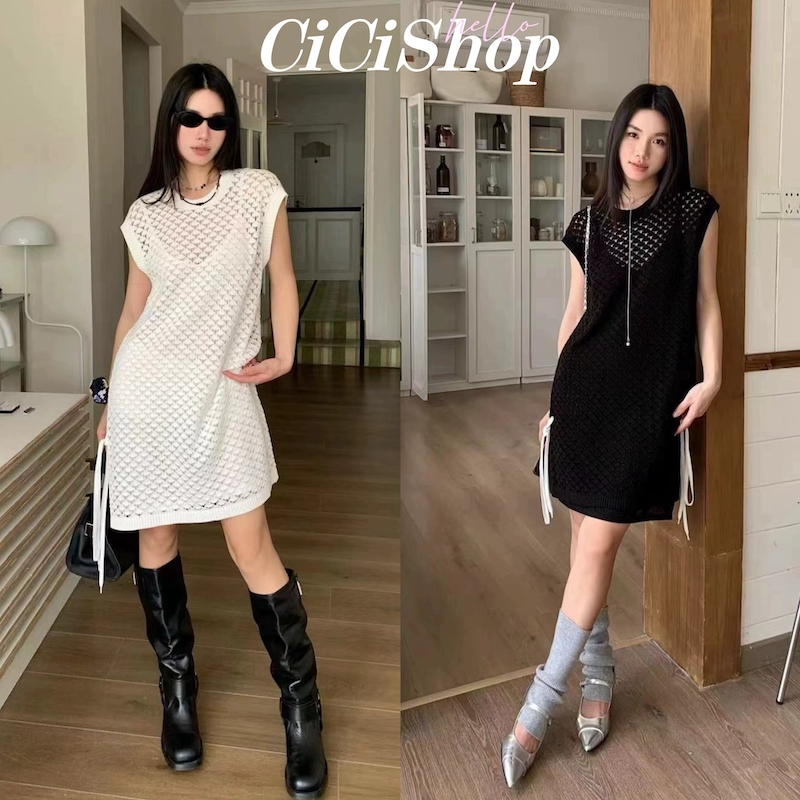 Cicishop(A2047)Set 2 ชิ้น เดรสสั้นสายเดี่ยวผ้าไหมพรมยืดเยอะ + เดรสผ้าถักตาข่ายแขนกุด พร้อมสายให้ผูกเก๋ๆ ใส่ง่ายวันสบาย