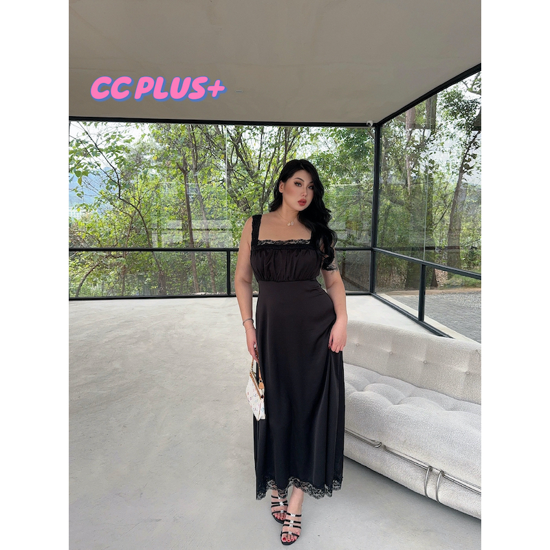 CiCi Plus+(3298)เดรสยาวเรียบๆ ซิปข้าง ตกแต่งชายลูกไม้ เข้ารูป สวยแซ่บมีสไตล์