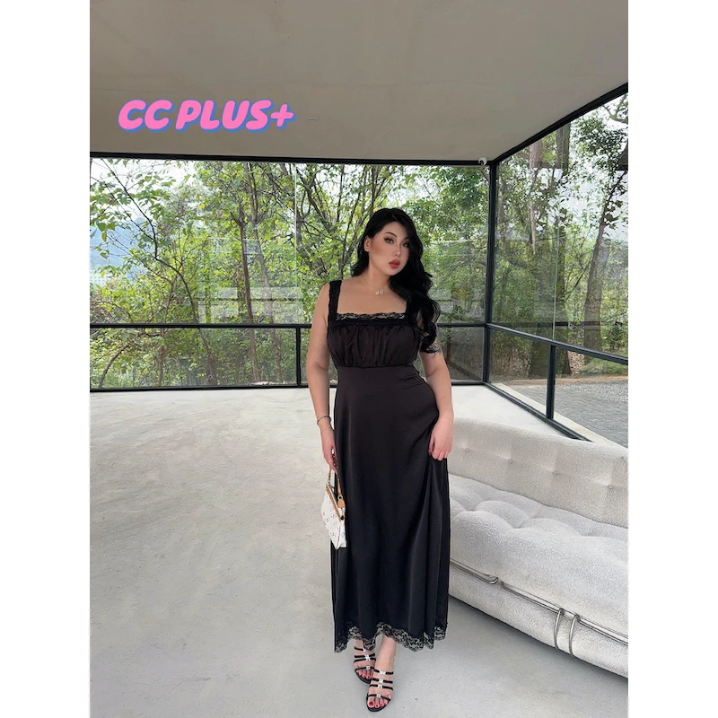CiCi Plus+(3298)เดรสยาวเรียบๆ ซิปข้าง ตกแต่งชายลูกไม้ เข้ารูป สวยแซ่บมีสไตล์