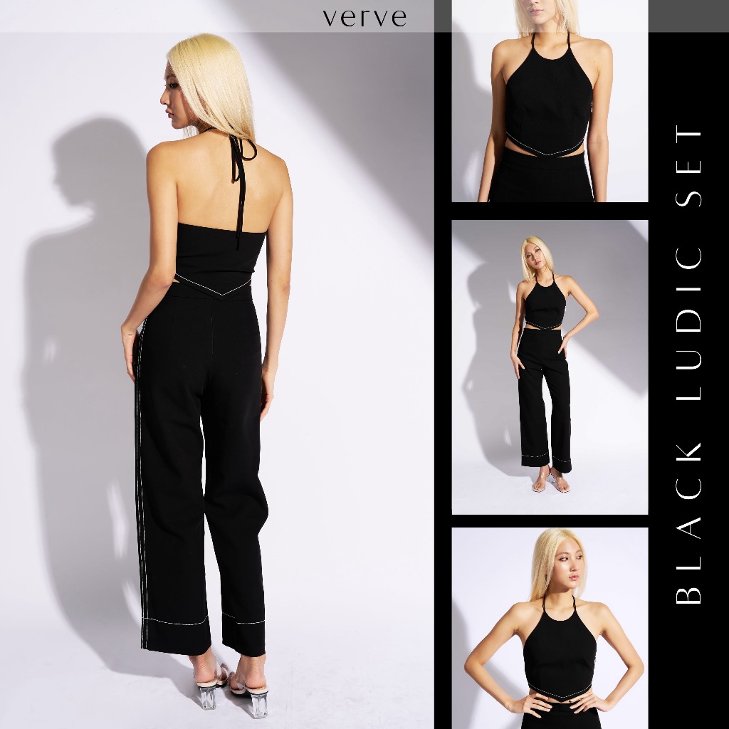 verve - LUDIC SET - BLACK [set เสื้อ+กางเกงขายาวเดินไหม สีดำ]