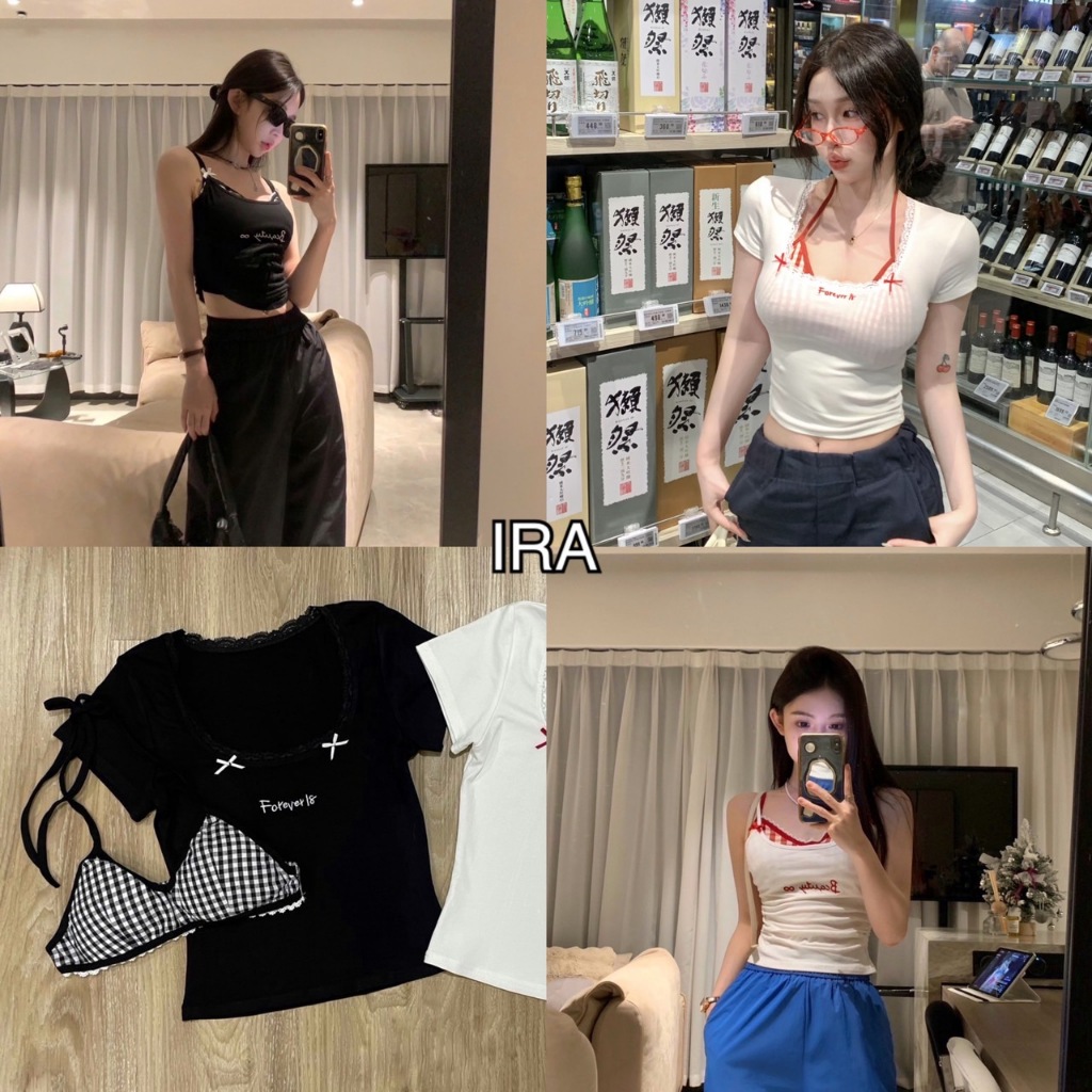 BY IRA พร้อมส่ง (315/3179/359/23260)เสื้อสายเดี่ยว/เสื้อยืดset2ชิ้น สไตล์เกาหลี สามารถแยกใส่ได้ ลายสก็อตน่ารักมากๆ