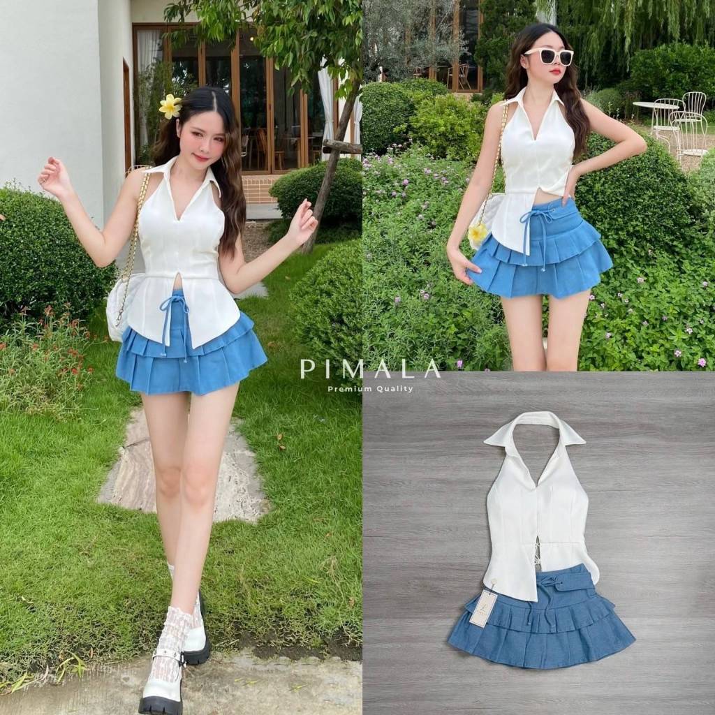 Pimala เซ็ทเสื้อคอปกเปิดหลังสายถักด้านหลังน่ารักมากๆมาในโทนสีขาว