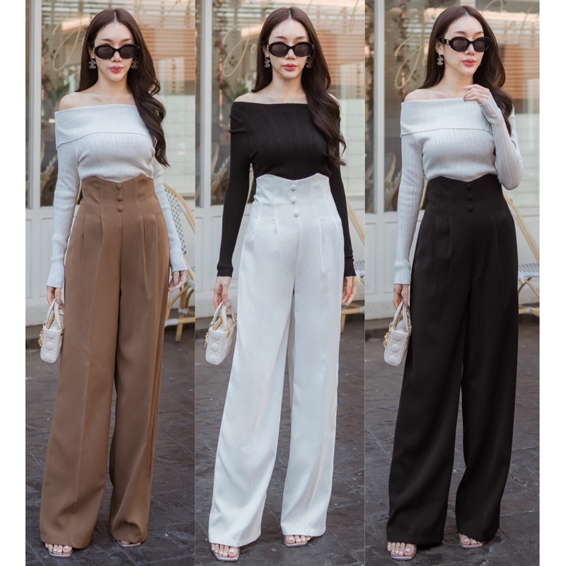 [ลด 20% กรอกโค้ด INC694OD] 158 กางเกงเอวสูงแต่งกระดุมปั้มสามเม็ด (ผ้านาโน REEYA)