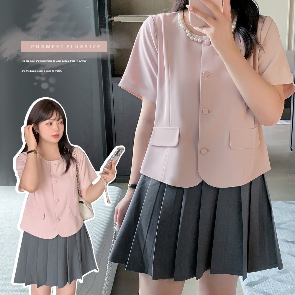 [ อกถึง 51" ] : PMP2296 : พรีออเดอร์ เสื้อผ้าไซส์ใหญ่ เซ็ตเสื้อกระโปรงคนอ้วน สาวอวบ เสื้อชมพูกระโปรงเทางานมีซับในใส่สบา