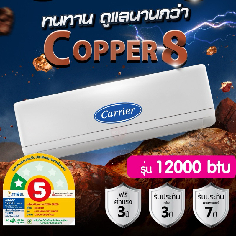(E-Tax📃‼️แอร์CARRIER COPPER8 (2024) 12000 |18000btu ระบบธรรมดาFixed Speed TSAB ผ่อนเครื่องปรับอากาศ 