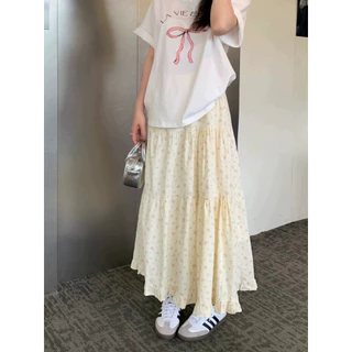 Cicishop(4013)กระโปรงยาวพิมพ์ลายดอกไม้/ลายจุด ชายระบาย มีซับใน เอวสม็อค สไตล์มินิมอลเกาหลี