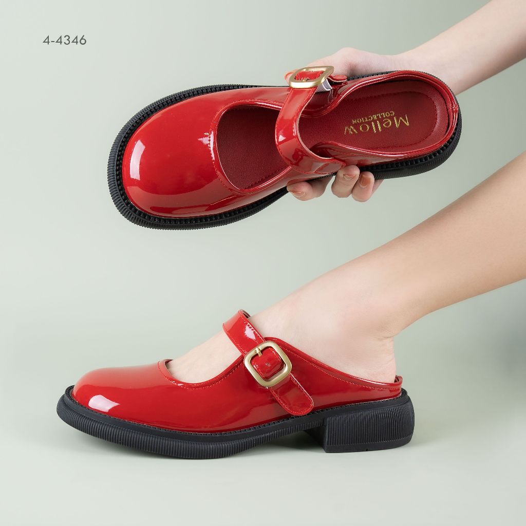 ซื้อ Mary Jane Mules รองเท้าแมรี่เจน ทรงเปิดส้น หนังแก้ว/ผ้ายีนส์ สูง 1.5 นิ้ว แบบสวม สายคาดหัวเข็มขัด อะไหล่ทอง รุ่น 4-4346