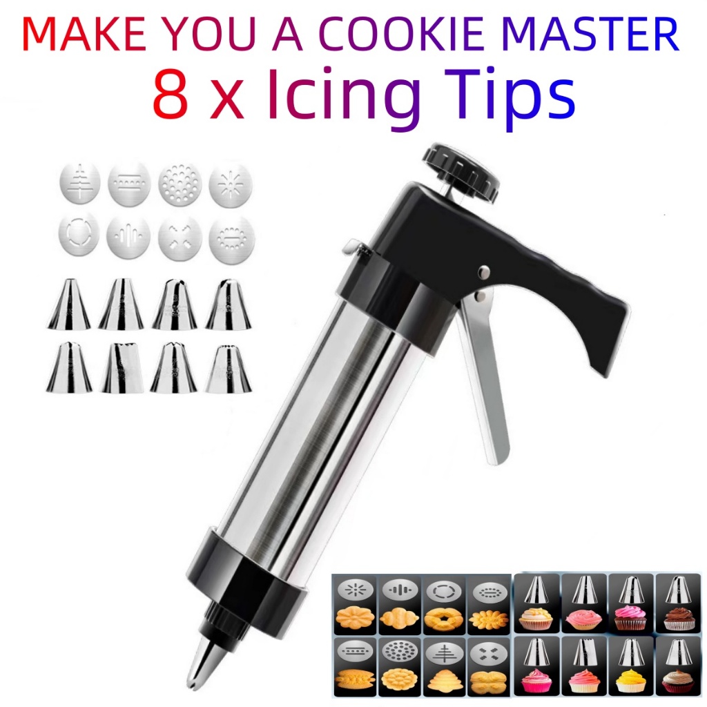 Cookie Press Maker เครื่องปืน หัวฉีดบิสกิตแต่งหน้าเค้ก ตกแต่งบีบ พร้อมหัวแต่งเค้ก 8หัว ไร้สน