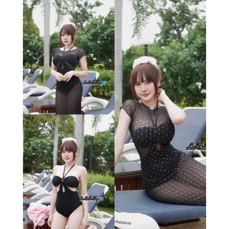 mnv_shop งาน2ชิ้นนะคะ บอดี้สูทแต่งห่วง เสริมฟองน้ำ ไม่มีกระดุมเป้านะคะ ผ้าเรย่อนเกรดA + ชุดเดรสยาวซีทรู ตารางเพชร