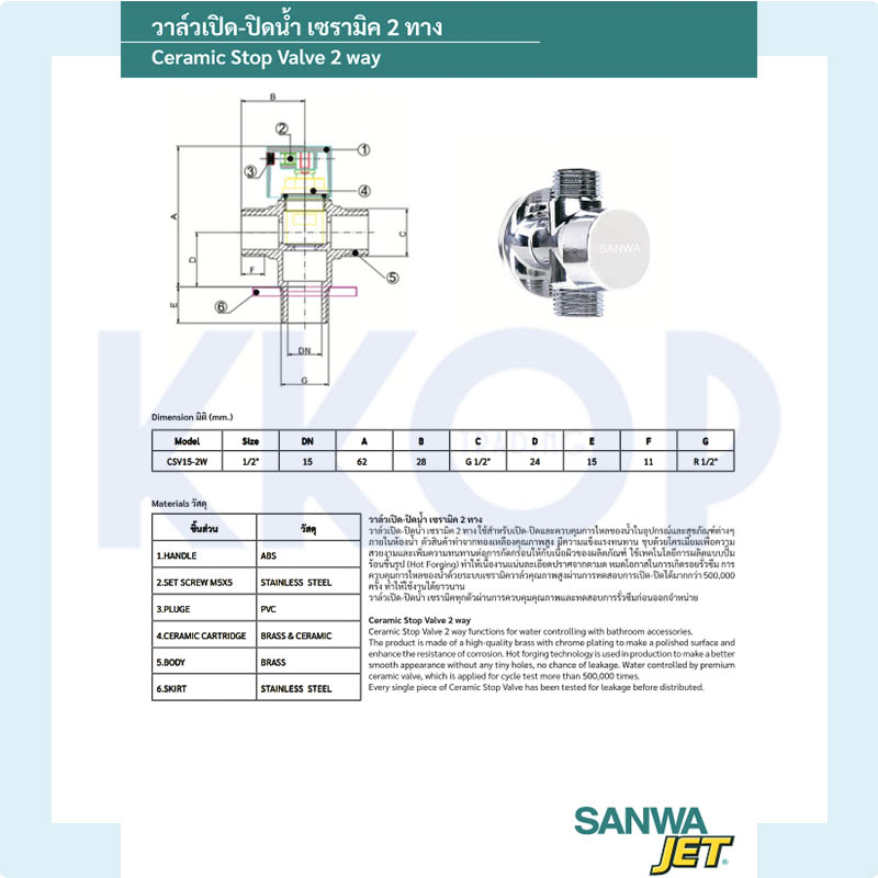 เซรามิค สต็อปวาล์ว ก๊อกติดผนัง แบบปลายเรียบ แบบสวมสายยาง ซันวา Ceramic Stopvalve Wall Tap SANWA JET 1/2"