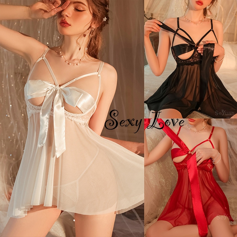 💗Sexy Love💗ชุดนอนเซ็กซี่ วัสดุตาข่าย บาง ใส เบา ราคาถูกโบว์ผูกได้ ส่งจากไทย H1155