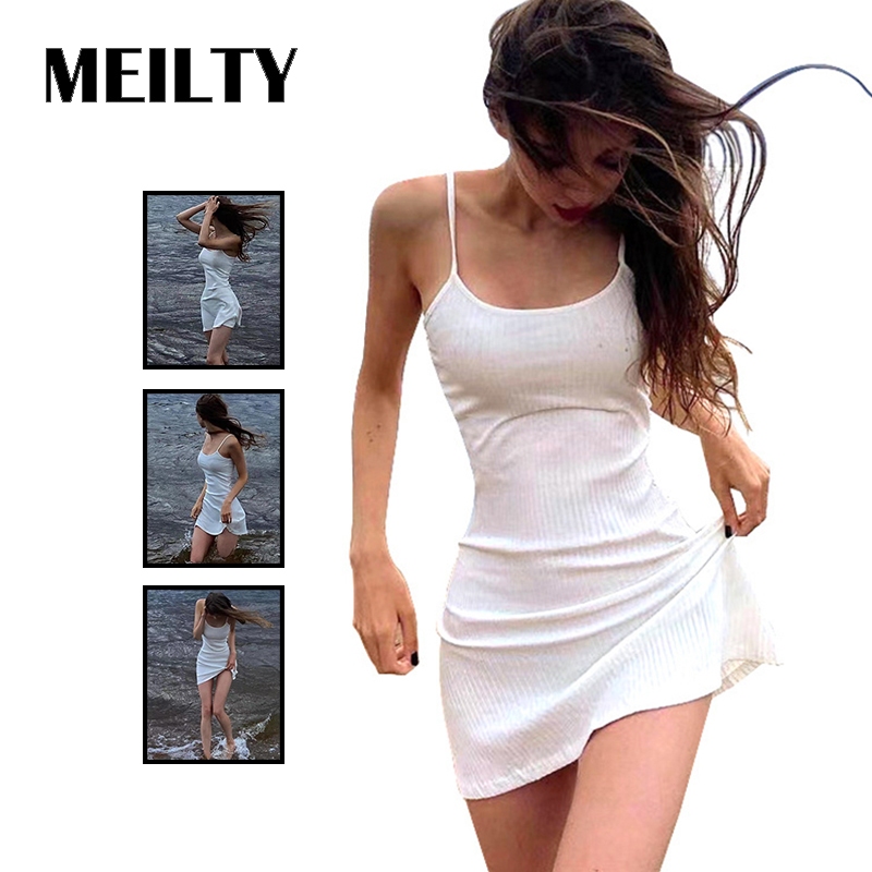 กระโปรง / Mini Dress ชุดเดรสแขนกุดแขนยาวสีทึบ ฤดูร้อนกระเป๋าเป้สะพายหลังสะโพกชุดวันหยุดชายหาด