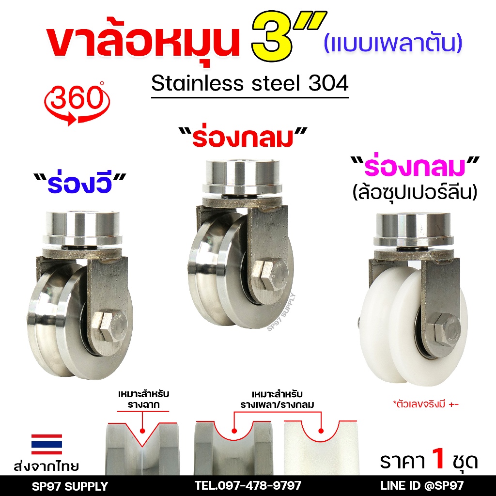 ล้อประตู ชุดล้อหมุน 360 องศา (เพลาตัน) ล้อสแตนเลส เกรด304 (เลือกล้อได้ตามต้องการ) สำหรับ ประตูรั้ว บ