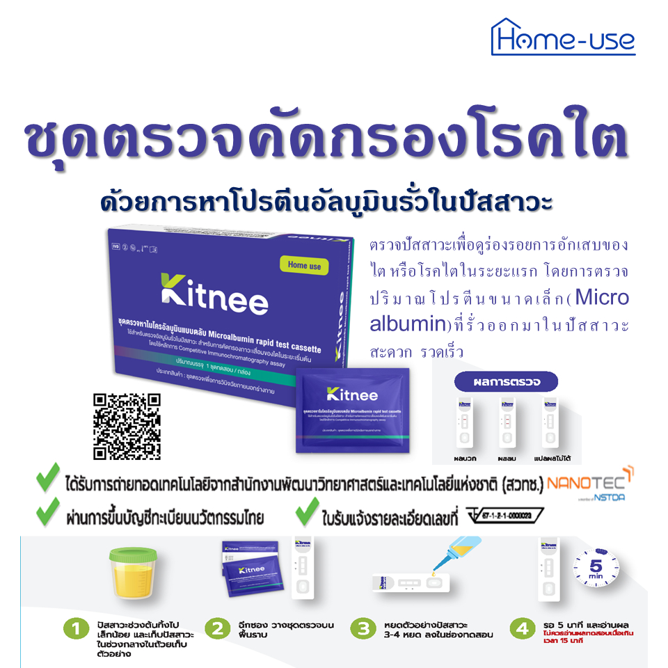 ชุดตรวจคัดกรองโรคไต จากไมโครอัลบูมินในปัสสาวะ แบบรวดเร็ว 5 นาที (Microalbumin rapid test ) Home use