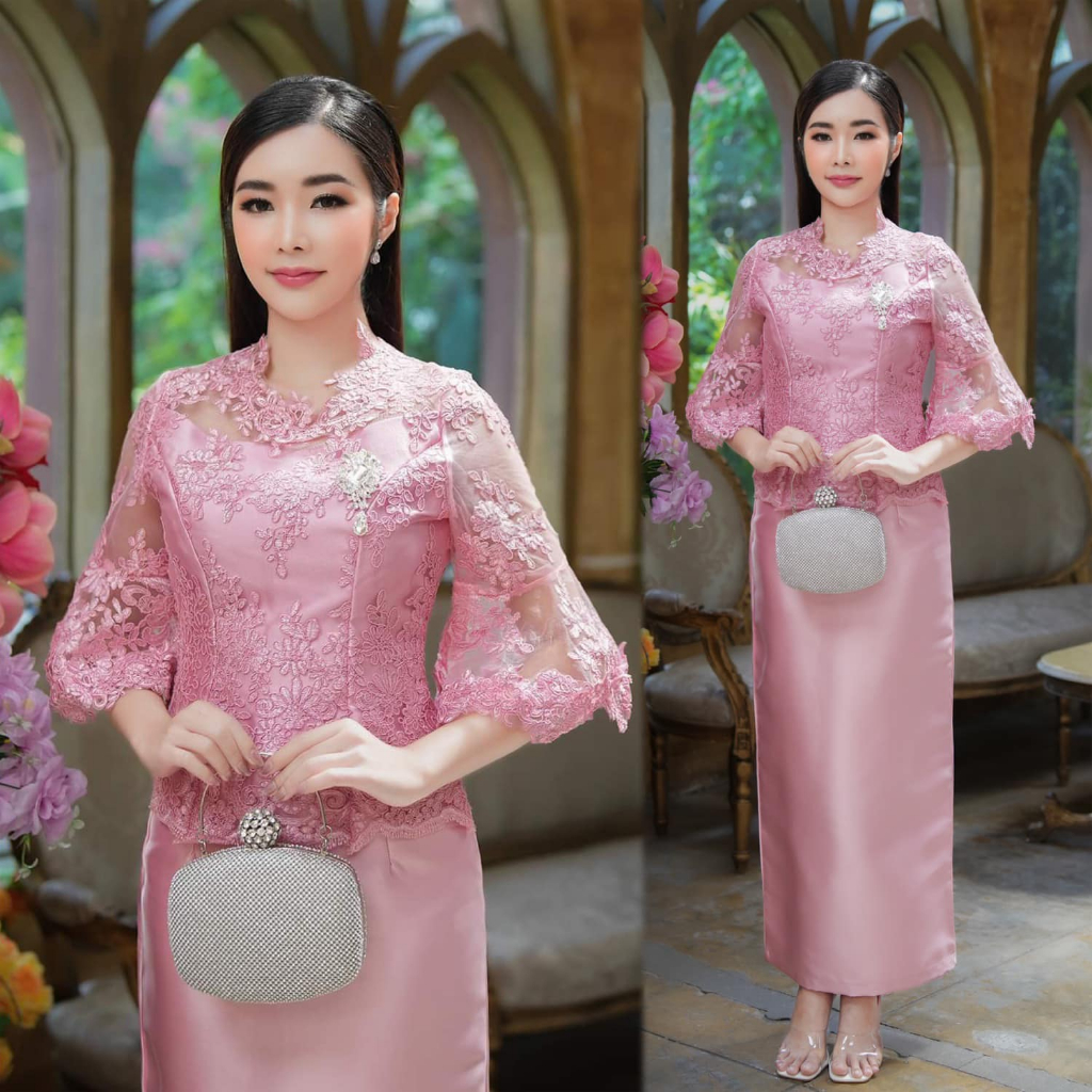 GBK ชุดลูกไม้ เสื้อลูกไม้+กระโปรงทรงตรงผ่าหลัง มี3สี รหัส 1020