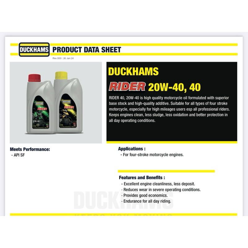ใหม่ Duckhams Rider SAE 20W-40 ปริมาณ 0.8 ลิตร น้ำมันเครื่องสมรรถนะสูง มอเตอร์ไซค์เกียร์ธรรมดา *กลิ่นหอม*