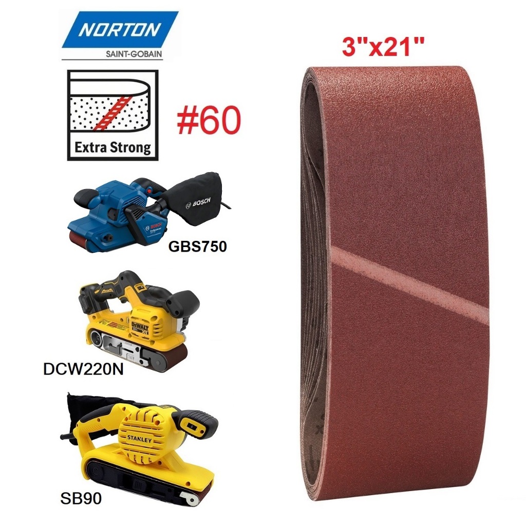 NORTON ผ้าทรายสายพาน รุ่น 3X21#60 ( ขายเป็นแผ่น ) ใช่งานกับนุ่น SB90 / DCW220N / GBS750 / 9403 ของแท