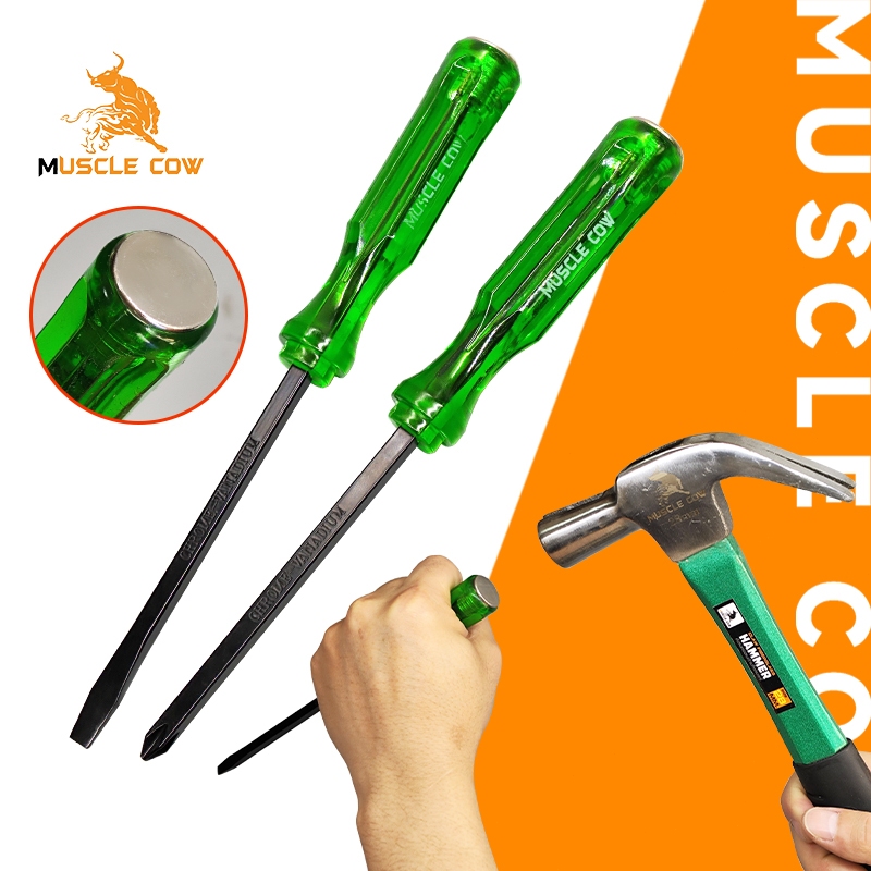 MUSCLE COW ไขควง ด้ามทะลุ ปากเเฉก-แบน 2 ตัว/ชุด ท้ายตอกได้ ปลายแม่เหล็ก 6 mm x 4" ไขควงปากแบน ไขควงปากแฉก ไขควงตอก