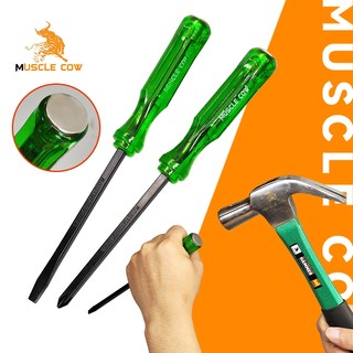 MUSCLE COW ไขควง ด้ามทะลุ ปากเเฉก-แบน 2 ตัว/ชุด ท้ายตอกได้ ปลายแม่เหล็ก 6 mm x 4" ไขควงปากแบน ไขควงปากแฉก ไขควงตอก