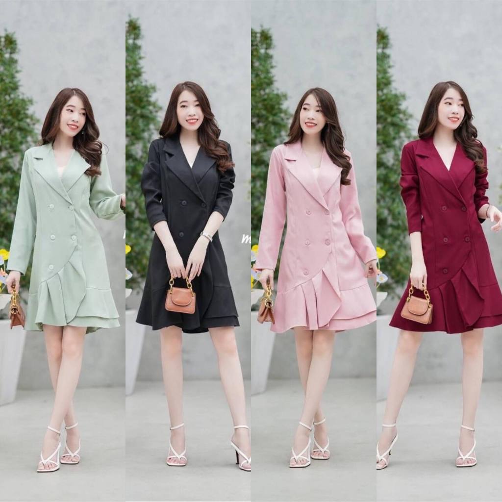 เดรสปกสูทใส่คลุม เดรสทำงาน ไปงานพิธีต่างๆ ชุดสวย ตรงปก เดรสสีดำ สี ม่วง สีชมพู สีเขียว สีแดง  นางแบบใส่งานจริง