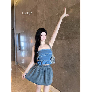 BY IRA (7186/23101) Strapless denim Tube Top, kawaii style เสื้อยีนส์เกาะอกแฟชั่นสุดชิค สไตล์เกาหลี