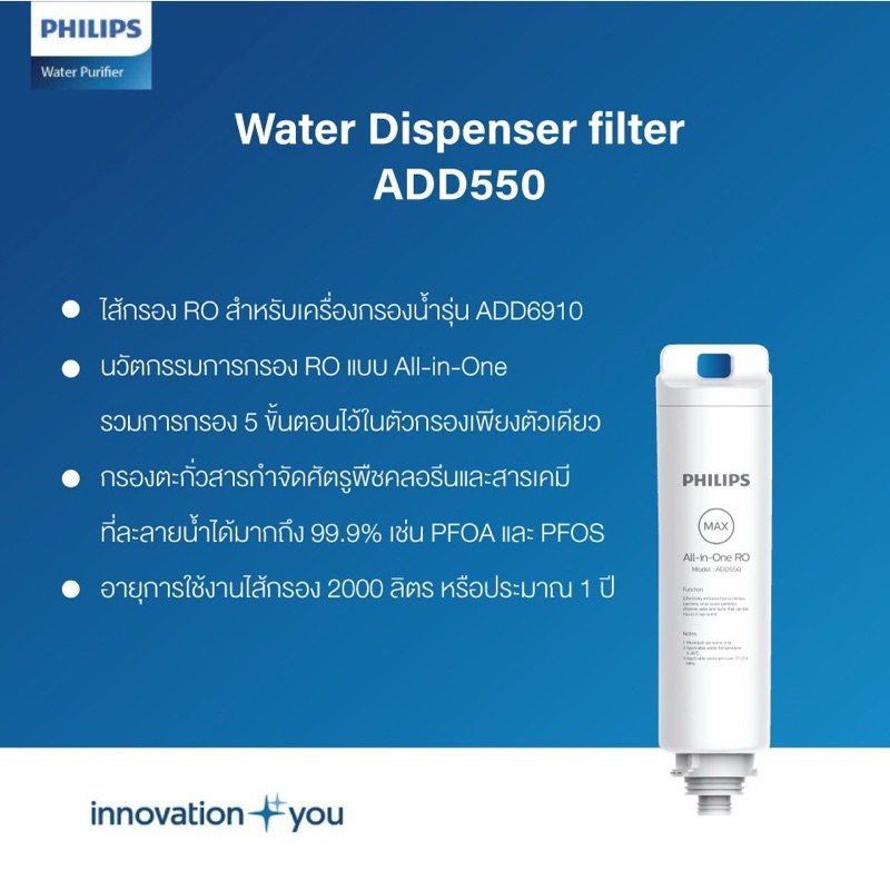 (พร้อมส่ง)Philips RO Dispenser Filter ไส้กรอง ADD550 สำหรับเครื่องกรองน้ำรุ่น RO ADD6910