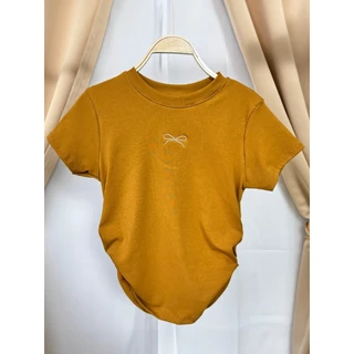 🌈SpinnyHouse🌈เสื้อครอปแต่งย่นข้าง ปักโบว์ช่วงอก BABY TEE 😻 ผ้ายูนิโคล่ยืดตามตัว รุ่น ตาแป๋ว B-010-3-A
