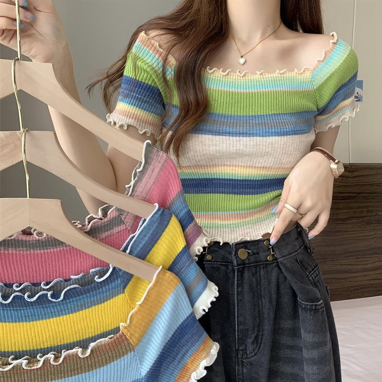 เสื้อสเวตเตอร์คอกลมแขนสั้นลายทางสีรุ้ง เสื้อครอป มี 4 สี