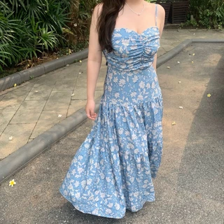 CiCi Plus+(3299) เดรสยาวพิมพ์ลายดอกไม้สีฟ้าดอกขาว สวยหวาน ผูกหลังเก๋ๆ สไตล์สาวพลัสไซส์