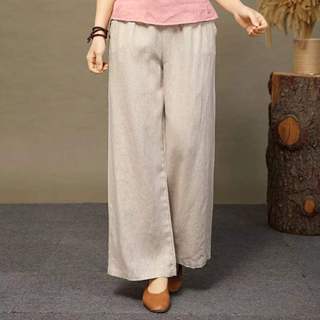กางเกงขากว้างผ้าฝ้ายลินิน+สำหรับผู้หญิง+เอวสูง+สีพื้น+กางเกง…