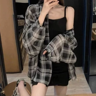 เสื้อเชิ้ตผู้หญิง แขนยาว เสื้อกันแดด oversize ผ้าเบาบาง ลายสก๊อต สไตส์เกาหลี