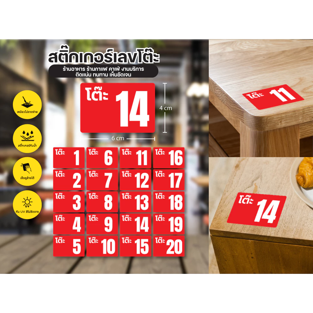 สติ๊กเกอร์เลขโต๊ะ เบอร์โต๊ะ สติ๊กเกอร์ตัวเลข สติ้กเกอร์กันน้้ำ โต๊ะร้านอาหาร คาเฟ่ จัดระเบียบ (สติ๊กเกอร์เลข 20ดวง/ชุด)
