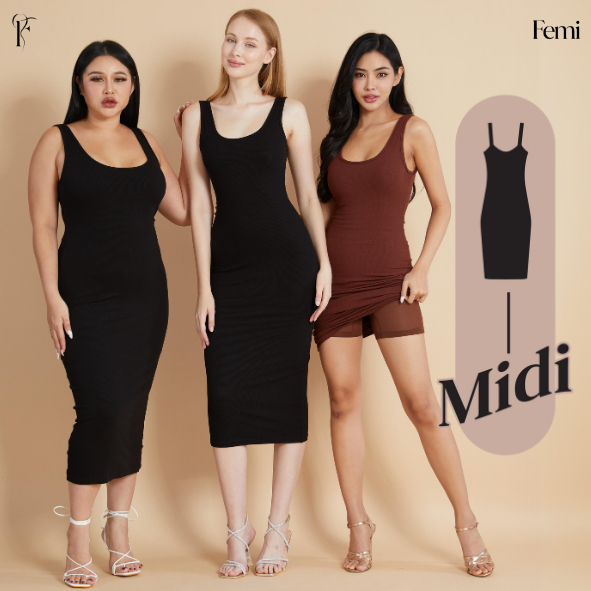 (รุ่นMidi สายหนา) Femi Thick Strap Midi Shaper Dress l เดรสพรางหุ่นมี Shapewear ด้านใน