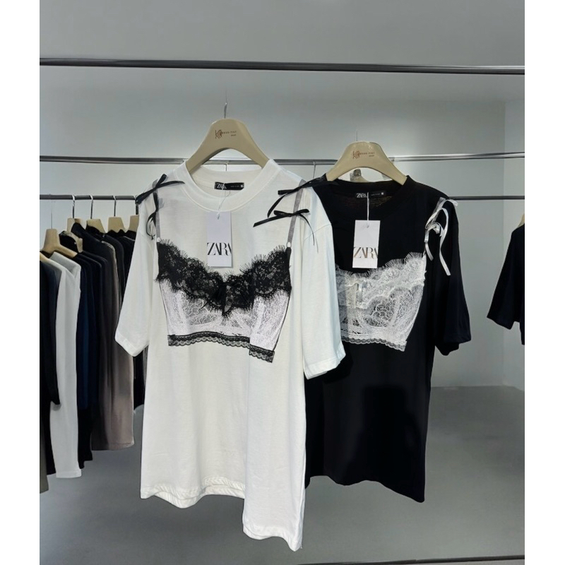 เสื้อยืดโอเวอร์ไซส์ ผ้าCotton อก 44-46 ยาว 28-29 นิ้ว สกรีนลายบรา แต่งโบว์