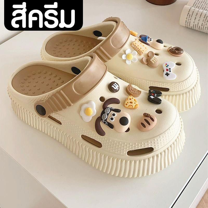 รองเท้าสไตล์เกาหลี รองเท้าหัวโต แบบสวมรัดส้น ลายน้องหมี พื้นสูง 4 ซม. พื้นนิ่มC246